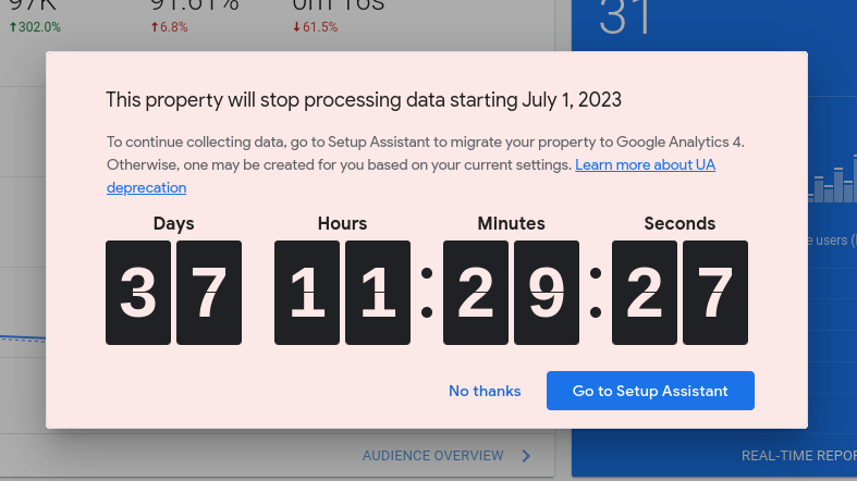 Screenshot of the countdown clock that Google has attached to every Universal Analytics account.