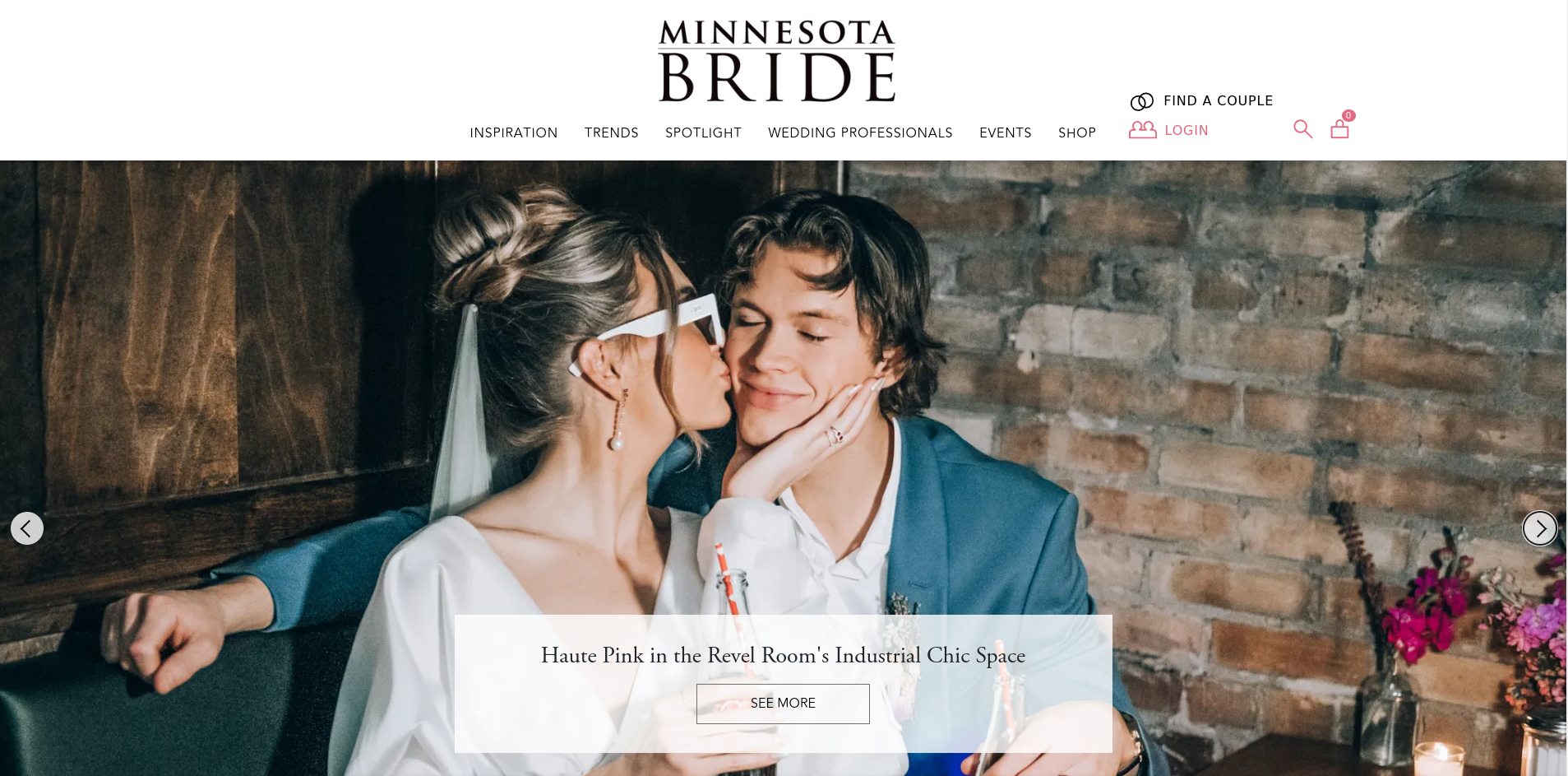 A screenshot of Minnesota Bride website showing a bride kissing a group on the cheek.