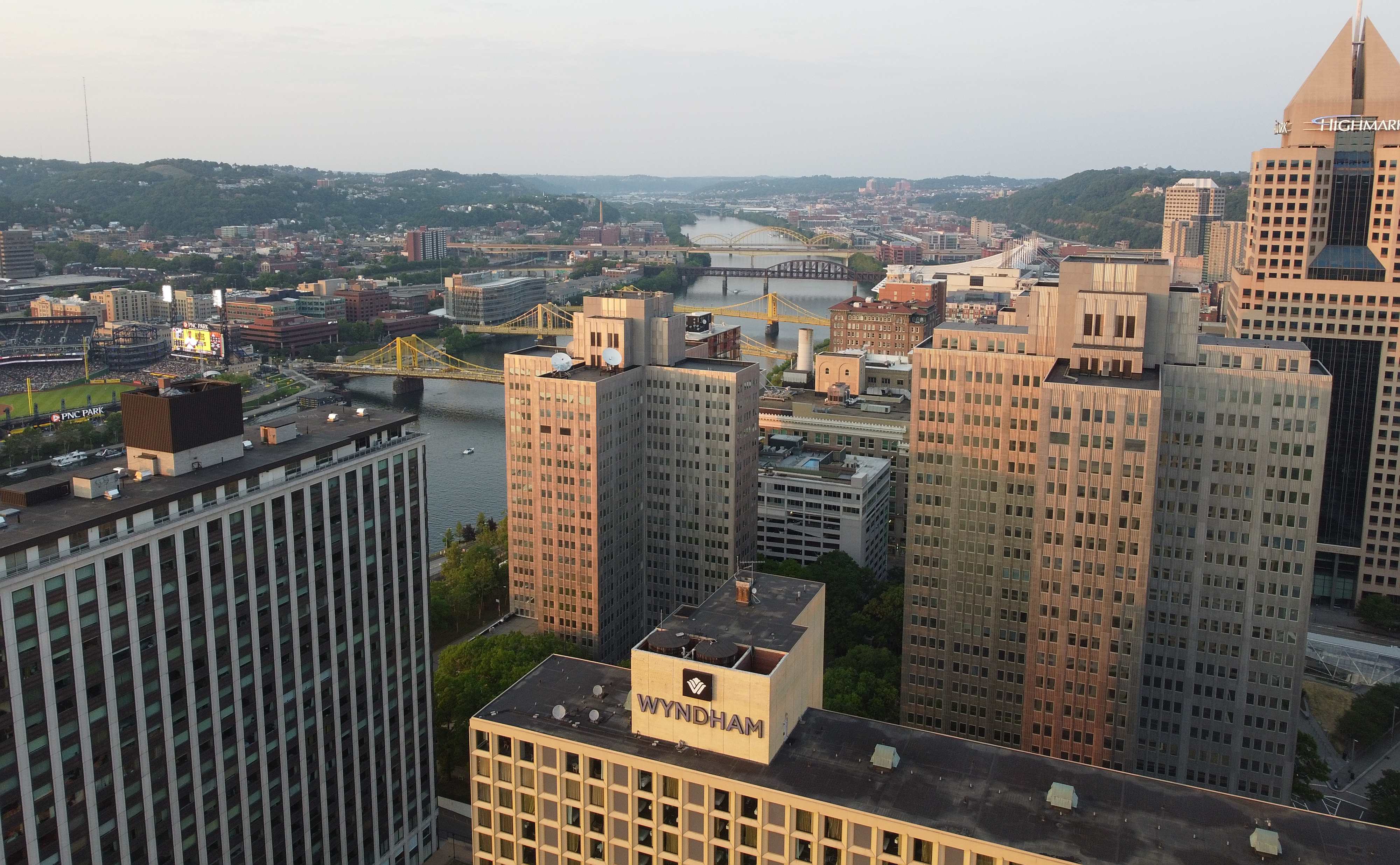 Skyline of Pittsburgh with partial view of bridges over river