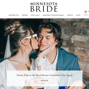 A screenshot of Minnesota Bride website showing a bride kissing a group on the cheek.
