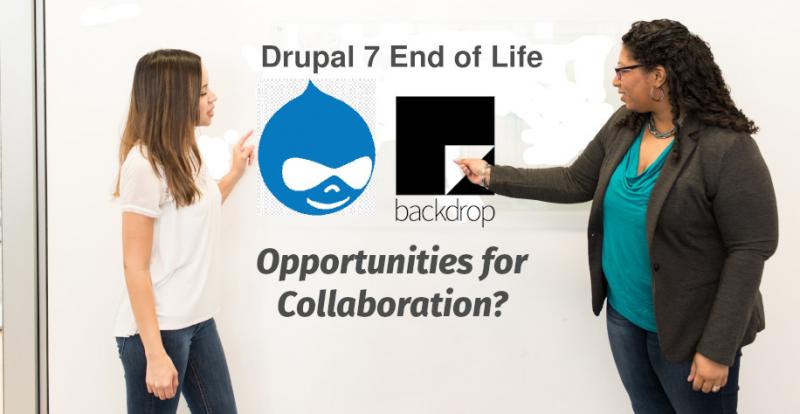 Two women facing whiteboard with the Drupal and Backdrop CMS logos and the text "Drupal 7 end of life" and "Opportunities for Collaboration."